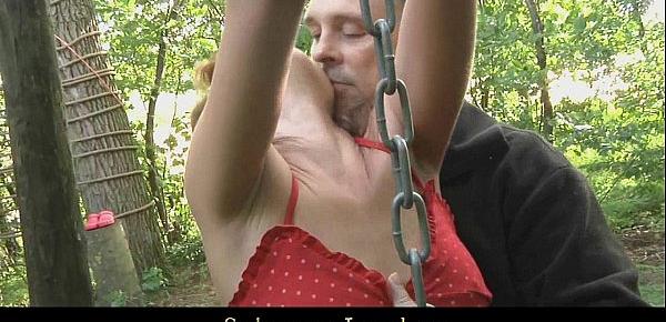  Young teen slave driven in the forest for bondage and fuck